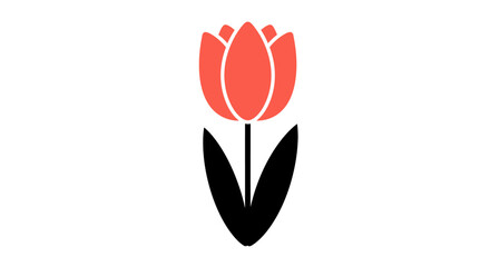 A stylized tulip in bloom featuring a coralred flower and dark green leaves presented on a solid white backdrop