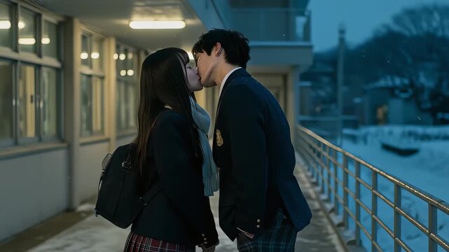 雪の降る校舎の廊下でキスする高校生の男女
