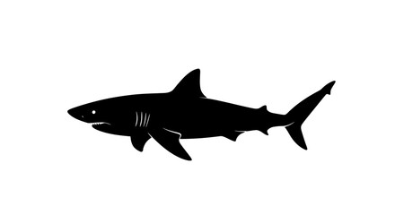 Black silhouette of a shark featuring visible teeth and dorsal fin set against a white background