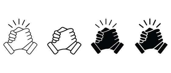 Thumb clasp handshake or homie handshake icon set. Arm wrestling icon black and line art isolate on white background. Soul brother handshake. Vector illustration. 