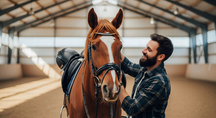Caregiver grooming brown horse inside spacious stable equestrian lifestyle