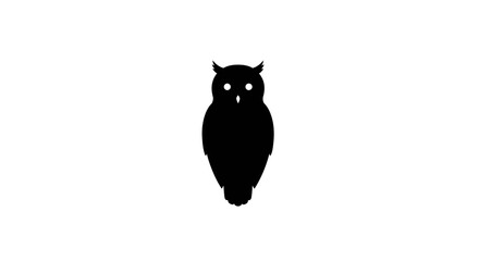 Black silhouette of an owl with ear tufts and bright eyes on a white background