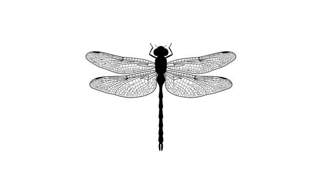 Black silhouetted dragonfly with detailed wing veins centered on white