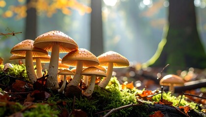 Mushrooms in a sunlit forest