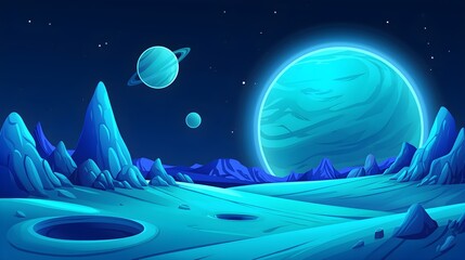 Blue sky with moon stars and ocean at night abstract landscape