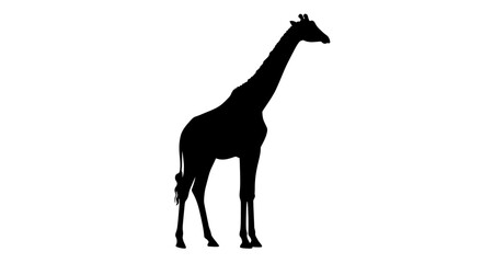 Silhouette of a giraffe standing shown in black against a white background