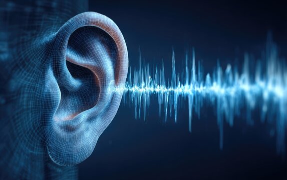 3D ear graphic, sound waves