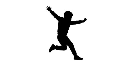 Silhouette of a person midjump arms outstretched in a celebratory pose