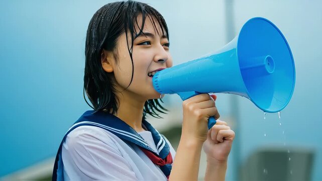 雨上がり青空の下でメガホンを使い応援する女子学生