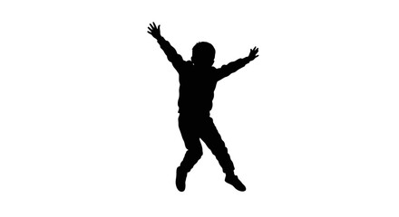 Silhouetted boy leaps arms raised appearing joyful against a white background