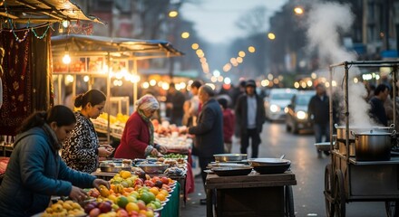 Obraz premium Bustling street market scene with vendors and customers in a vibrant Asian city