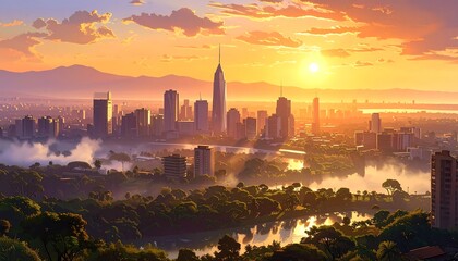 Sunrise cityscape panorama over a tranquil river valley