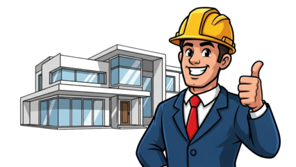 Construction Professional Approving Modern Home Design Cartoon on black background