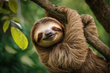 Fototapeta premium Sloth hanging upside down on tree branch, eyes closed in peaceful forest setting.