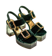 Emerald green velvet platform sandals with gold buckles