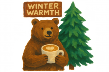Bear holding coffee mug with heart latte art, enjoying winter warmth next to a pine tree, illustration