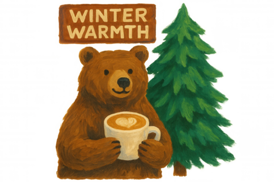 Bear holding coffee mug with heart latte art, enjoying winter warmth next to a pine tree, illustration