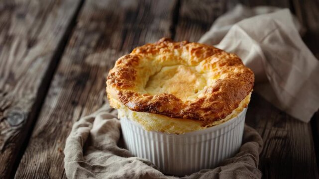 Golden cheese souffle in white ramekin on wooden table