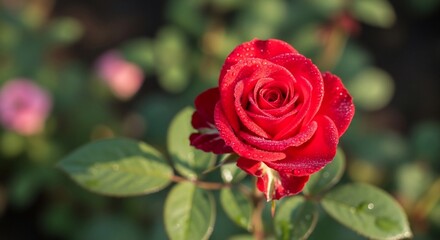 Dew-Kissed Red Rose Close Up with Soft Bokeh Background