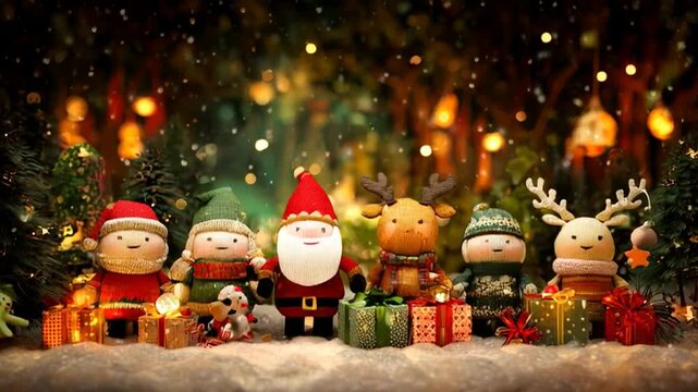 AI generated video of a cheerful Christmas family dancing with Santa Claus, reindeer, and playful elves, the whole company celebrating together surrounded by sparkling gifts and festive magic.