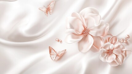 3D wallpaper with white silk background featuring pink and rose gold flowers butterfly decorations and pearl beads elegant floral design concept