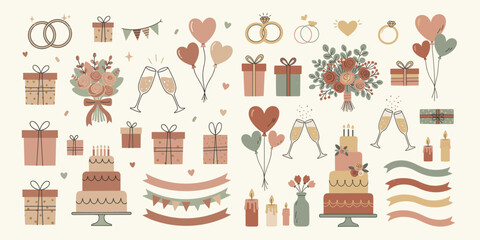 Illustrations featuring a wedding and anniversary theme. Designed in an earthy muted color palette