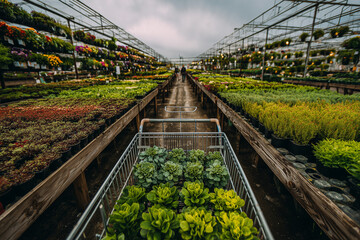 Greenhouse shopping adventure: cart filled with succulents and leafy plants gliding down vibrant nursery aisles lined with potted flowers and herbs