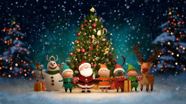 AI generated video of a cheerful Christmas family dancing with Santa Claus, reindeer, and playful elves, the whole company celebrating together surrounded by sparkling gifts and festive magic.
