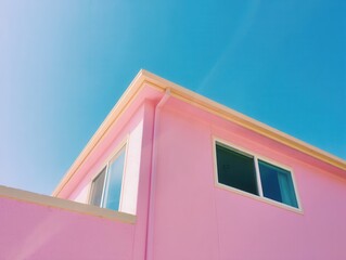 Closeup of Modern Pink House Corner with Blue Sky