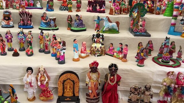 Dussehra or Dasara festival home celebration with a variety of wooden toys arranged on a theme basis