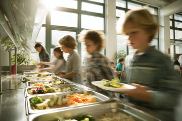 Children in motion at a bright school cafeteria buffet serving healthy lunch options — kids choosing salads and vegetables in sunlit dining hall