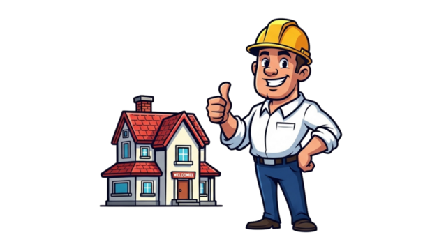 Cartoon Builder giving thumbs up with house on black backdrop