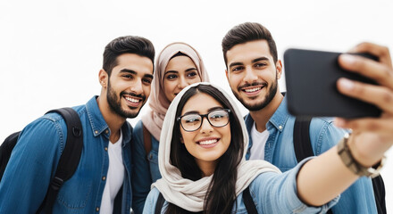 Smiling Middle Eastern students take selfie together, capturing youthful happiness and friendship, ideal for promoting global education and inclusive travel