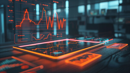 Digital Tablet with Futuristic Financial Graphs
