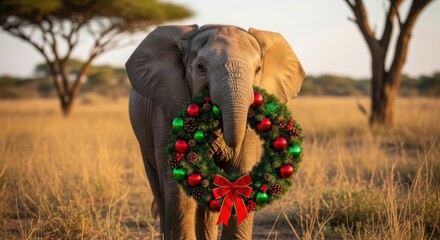 Majestic Elephant Holding a Christmas Wreath in the African Savannah