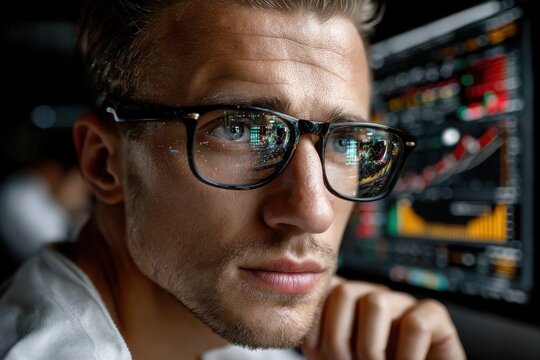 A focused young man stares into digital screens with data reflections in his glasses, representing intense concentration and technology.