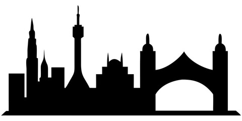 Fototapeta premium Vector cityscape silhouette with black skyscraper and tower buildings against the urban sky