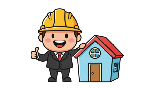 Cartoon Builder Promoting New House Real Estate Project Illustration - Powered by Adobe