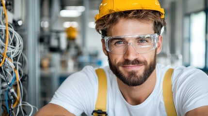 Skilled worker wearing safety gear in modern workshop, showcasing confidence and professionalism