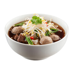 Bowl of Thai boat noodles with meatball, bean sprouts, and herbs in dark broth isolated transparent Background.