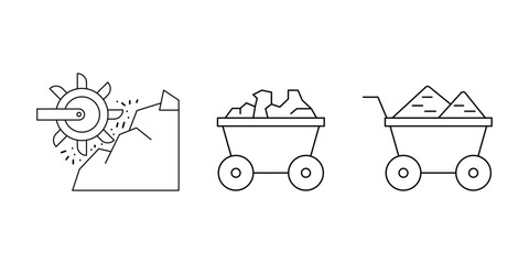 Mining wheel, mountain cart ore sand transportation geology industry icon vector illustration set.