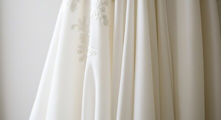 Elegant White Wedding Dress with Embroidered Details Hanging in Bridal Boutique