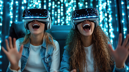 Excited friends enjoying virtual reality experience with glowing lights