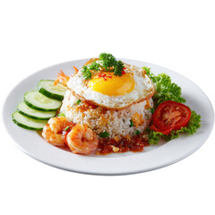 Fried rice with shrimp and sunny side up egg garnished with fresh vegetables on white plate isolated transparent Background.