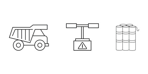 Mining dump truck, safety warning dynamite blast icon vector illustration for geology industry set.