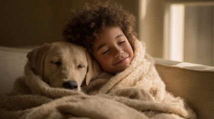 peaceful moment captured as child and dog peacefully sleep together on cozy couch wrapped in blanket