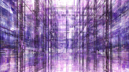 Abstract digital corridor with purple grid patterns and reflective surfaces