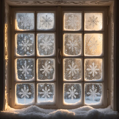 classic cabin window with ice crystals and warm glowing light in serene snowy setting aesthetic winter wallpaper background