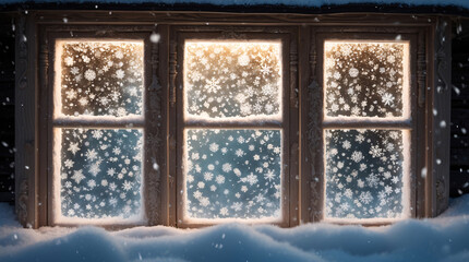 frost-covered wooden window pane glowing inside with warm light from peaceful winter mountain lodge aesthetic winter wallpaper background