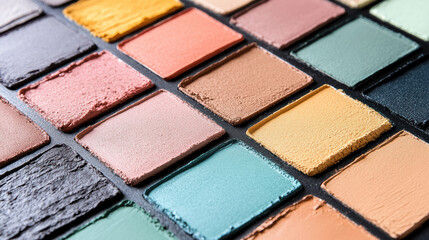 Vibrant makeup palette with various shades, showcasing range of colors and textures